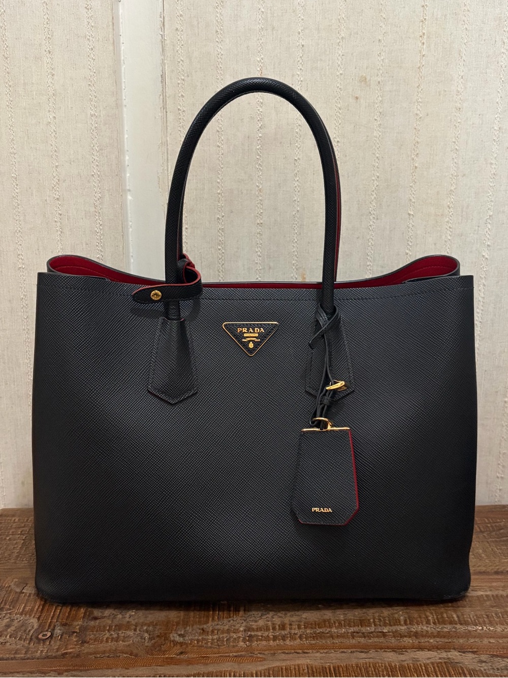 Prada Saffiano double bag, black w/ red interior and gold hardware